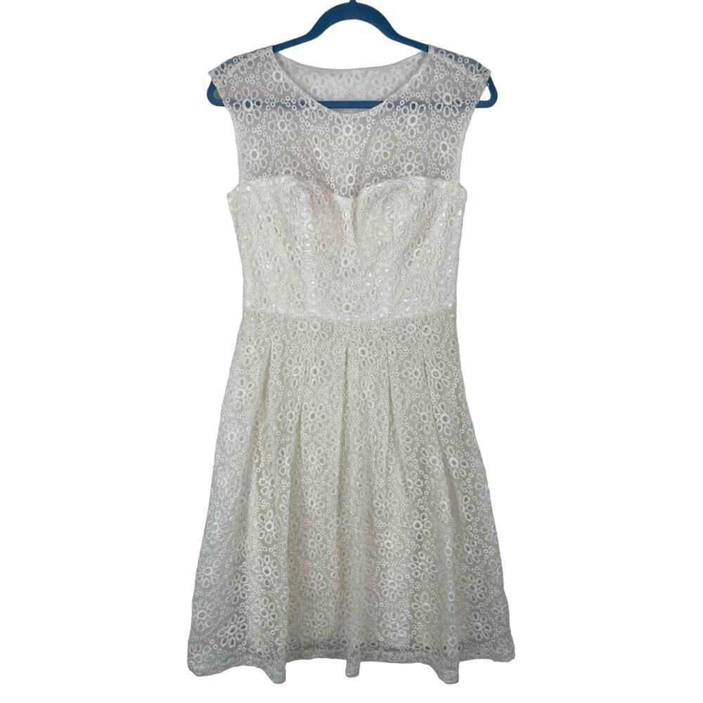 Sue Wong White Eyelet Illusion Bodice Fit & Flare Party Dress 4 Cocktail Wedding